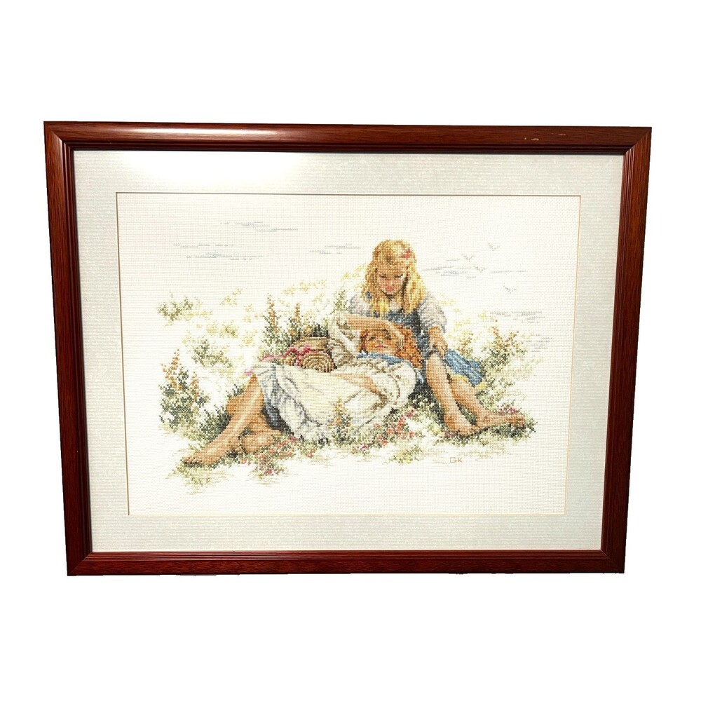 Vtg Handmade Framed Cross-stitch Wall Art Sisters Girls Friends Prairie Cottage